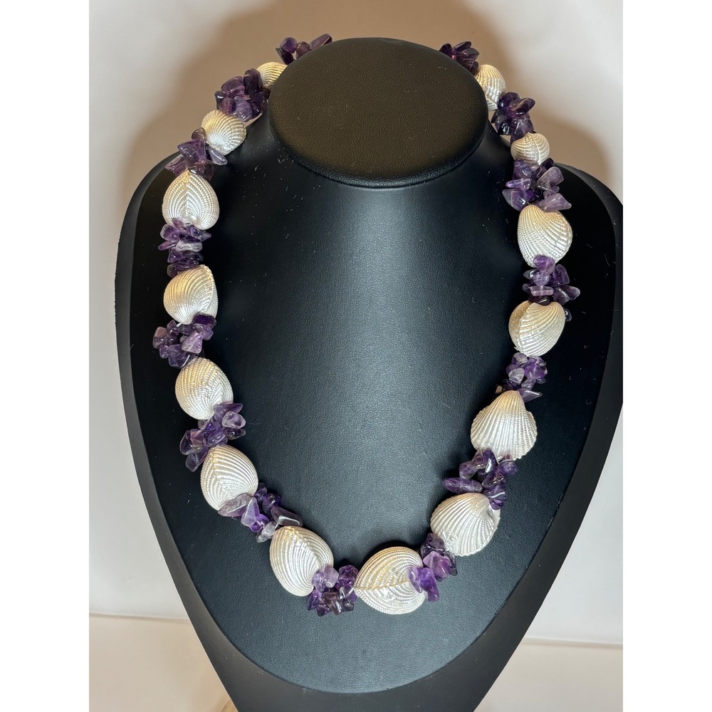 Amethyst Chip Seashell Necklace Silver Tone Nautical Beach Boho Jewelry 19"